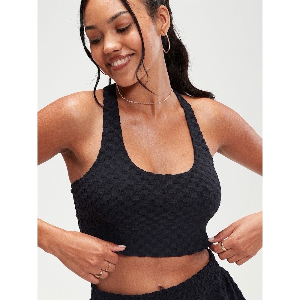 NWT Speedo Terry Crop Bikini Top Large Black UPF 50+ Racerback Swim Top